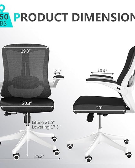 Office Chair with 350LBS Capacity,Ergonomic Comfort Home Desk Chair,Mid Back Gaming Chair with Wheels, Adjustable Height, Lumbar Support,Flip-up Armrest - LeafyLoom