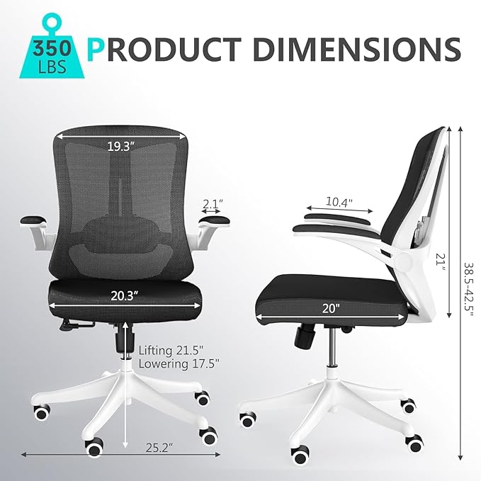 Office Chair with 350LBS Capacity,Ergonomic Comfort Home Desk Chair,Mid Back Gaming Chair with Wheels, Adjustable Height, Lumbar Support,Flip-up Armrest - LeafyLoom