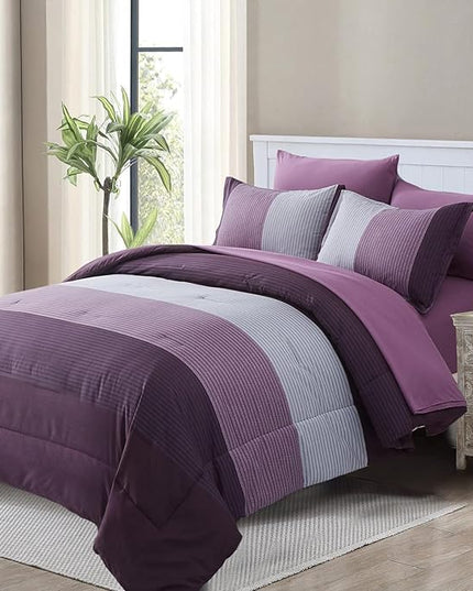 WONGS BEDDING Purple Comforter Set Twin, Revsible Purple Grey Striped Down Alternative Comforter for Twin Bed,2 Pieces (1 Comforter+1 Pillowcase), Soft Microfiber Bedding Duvet Insert 68”×86” - LeafyLoom