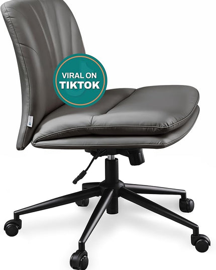 Criss Cross Chair with Wheels - Cross Legged Office Chair, Wide Armless Desk Chair Comfy Swivel Vanity Chair for Home Office, PU Leather - Grey - LeafyLoom