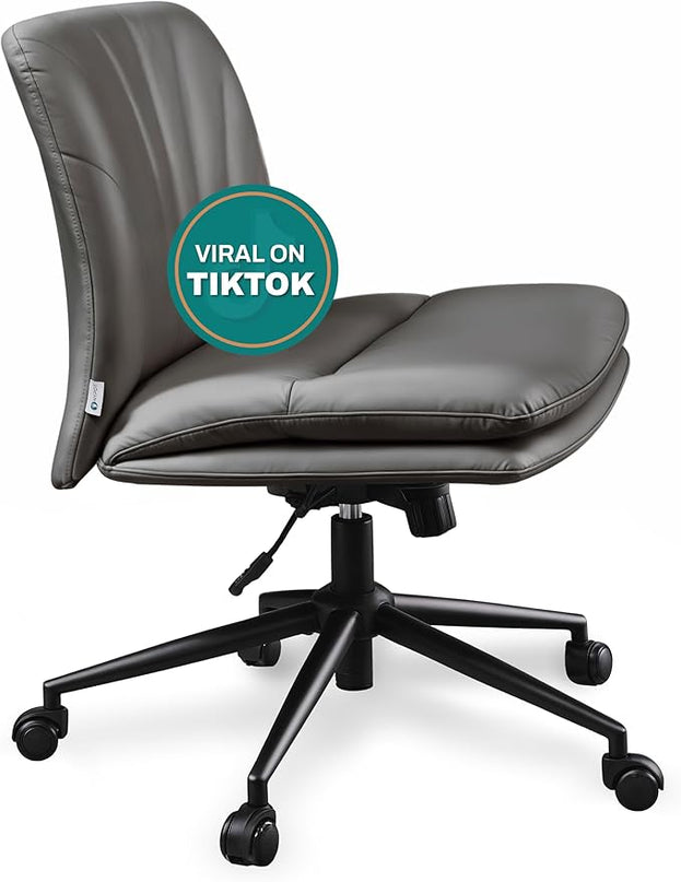Criss Cross Chair with Wheels - Cross Legged Office Chair, Wide Armless Desk Chair Comfy Swivel Vanity Chair for Home Office, PU Leather - Grey - LeafyLoom