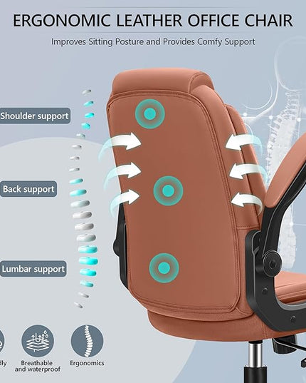 Office Chair Ergonomic Computer Desk Chair, Executive Leather Office Chair with Adjustable Flip-up Armrests Height, Swivel Task Chair with Lumbar Support Rocking Function for Home Office(Brown) - LeafyLoom