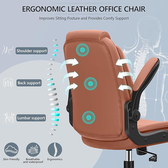 Office Chair Ergonomic Computer Desk Chair, Executive Leather Office Chair with Adjustable Flip-up Armrests Height, Swivel Task Chair with Lumbar Support Rocking Function for Home Office(Brown) - LeafyLoom