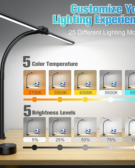 LED Desk Lamp with Clamp, Wireless Remote Control Dimming Stepless Architect Desk Lamps for Home Office, 25 Lighting Modes Adjustable LED Table Lamp, Study Eye-Caring Dual Head Gooseneck Lamp for Desk - LeafyLoom