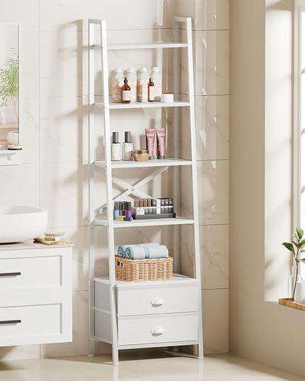 Furologee 5-Tier Ladder Shelf with 2 Drawers,Narrow Bookshelf Storage Shelves,Industrial Bookcase Freestanding Shelf Units for Bedroom,Living Room,Bathroom,Home Office,Balcony,Wood Metal, White - LeafyLoom