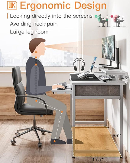 ODK Computer Desk Study Table, 55 Inch Office Desk with Drawers and Keyboard Tray, Study Desk Work Desk with Monitor Shelf, Writing Desk with Storage for Home Office, White - LeafyLoom