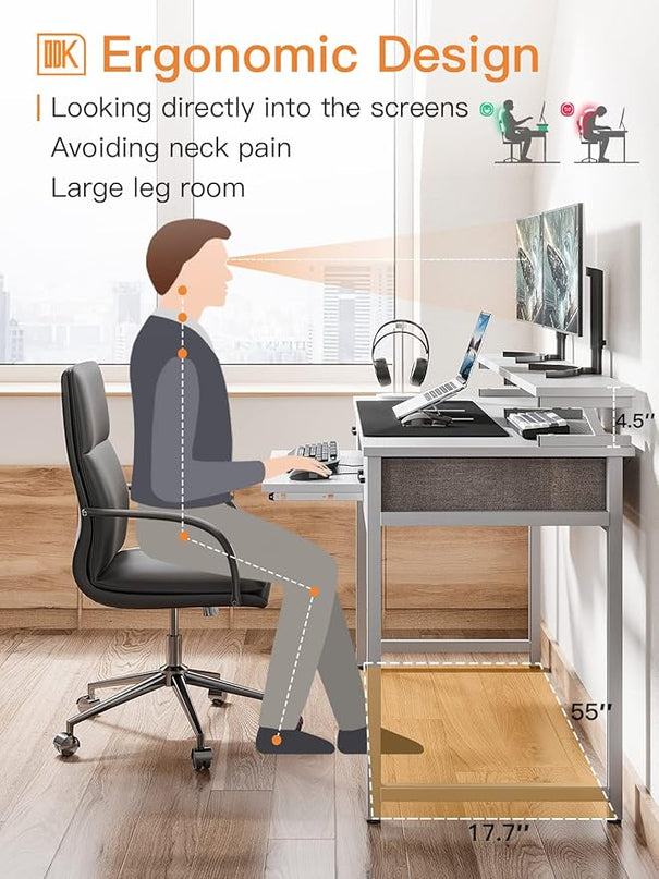 ODK Computer Desk Study Table, 55 Inch Office Desk with Drawers and Keyboard Tray, Study Desk Work Desk with Monitor Shelf, Writing Desk with Storage for Home Office, White - LeafyLoom