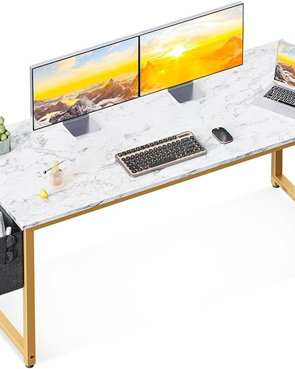 ODK Computer Desk Large Office Desk, 55 Inch Gaming Desk with Storage, Modern PC Desk Work Table with Headphone Hook for Home Office, White Marble + Gold Leg - LeafyLoom