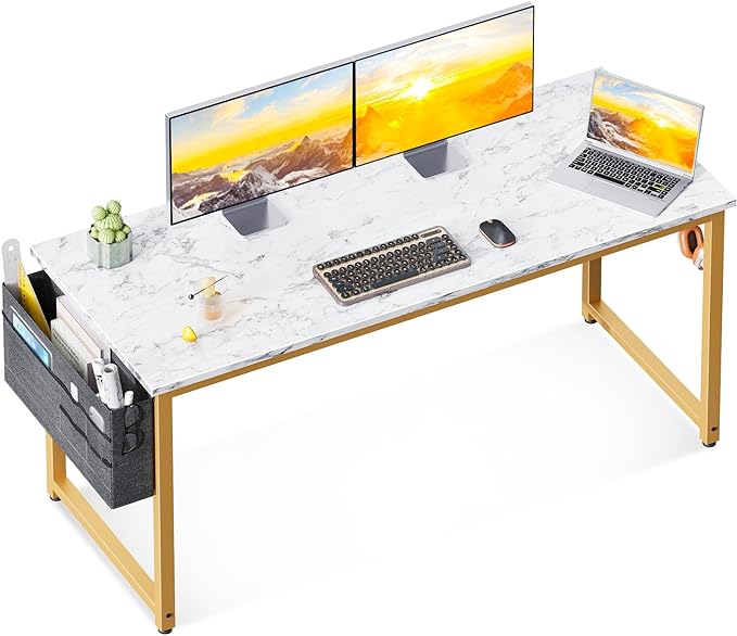 ODK Computer Desk Large Office Desk, 55 Inch Gaming Desk with Storage, Modern PC Desk Work Table with Headphone Hook for Home Office, White Marble + Gold Leg - LeafyLoom