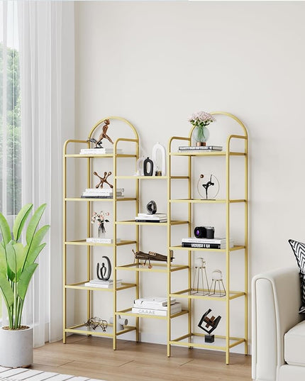 5 tier Bookcase Bookshelf, Tempered Glass Bookshelves, Triple Wide Glass Storage Rack with 14 Open Storage Spaces, Display Shelf for Living Room, Home Office, Bedroom, Gold BC50101G - LeafyLoom