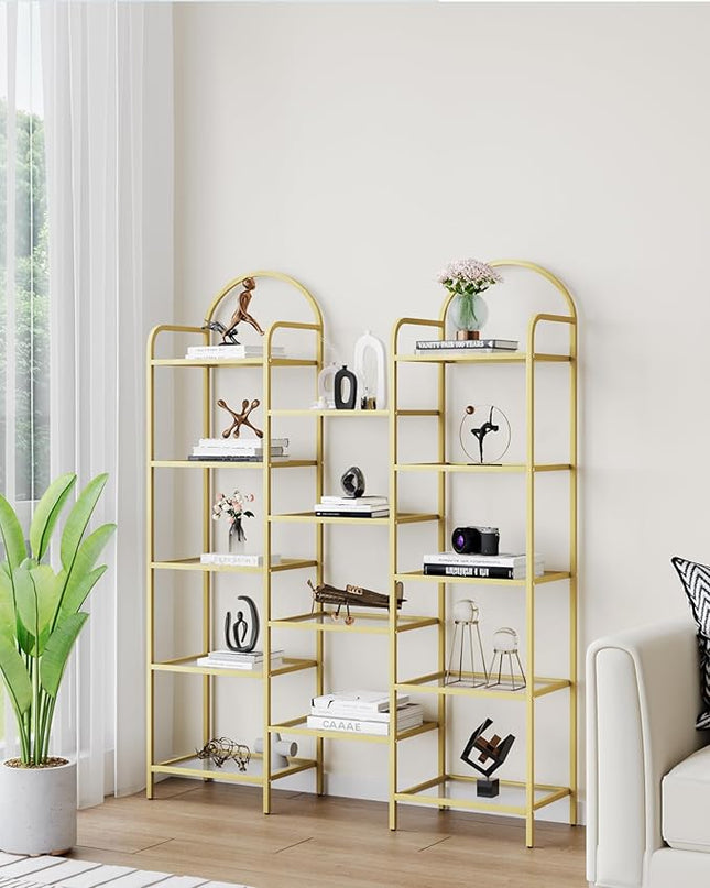 5 tier Bookcase Bookshelf, Tempered Glass Bookshelves, Triple Wide Glass Storage Rack with 14 Open Storage Spaces, Display Shelf for Living Room, Home Office, Bedroom, Gold BC50101G - LeafyLoom