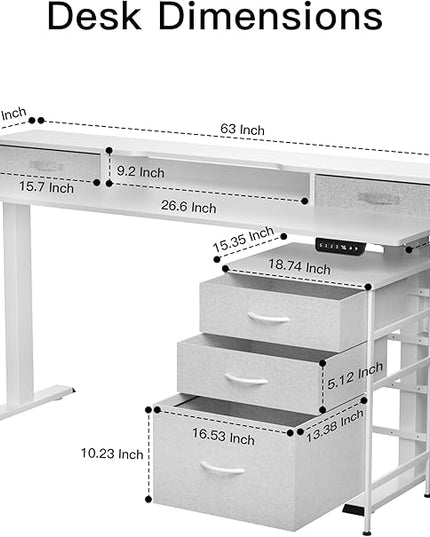 63 Inch Electric Standing Desk with Cabinet & Drawers, Height Adjustable Sit Stand Desk with Monitor Shelf, Smart Home Office Standing Computer Desk, White - LeafyLoom