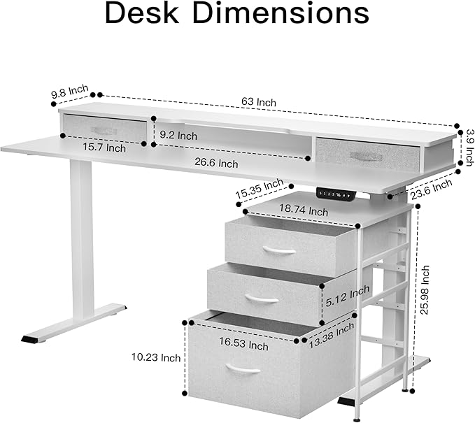 63 Inch Electric Standing Desk with Cabinet & Drawers, Height Adjustable Sit Stand Desk with Monitor Shelf, Smart Home Office Standing Computer Desk, White - LeafyLoom
