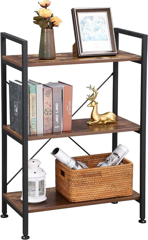 BEWISHOME 3 Tier Bookshelf, Rustic Small Book Shelf for Small Spaces, Brown Wooden Shelves for Bedroom Living Room and Home Office, 13.58" D x 24.21" W x 37" H, JCJ32Z - LeafyLoom