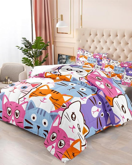 Cat Full Comforter Set for Bedroom - 3Pcs Colorful Cat Comforter Set for Teens Kids Cute Cartoon Cat Bedding Set Ultra Soft Warm Lightweight Kawaii Animal Patterns Comforter with 2 Pillowcases - LeafyLoom