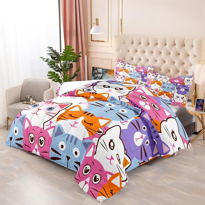 Cat Full Comforter Set for Bedroom - 3Pcs Colorful Cat Comforter Set for Teens Kids Cute Cartoon Cat Bedding Set Ultra Soft Warm Lightweight Kawaii Animal Patterns Comforter with 2 Pillowcases - LeafyLoom