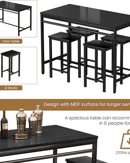 DKLGG Dinner Table Set for 4, Modern Kitchen Table and Chairs for 4 Wooden Top and Adjustable Metal Legs, Small Dining Room Table Set 5 Pieces Compact Design for Small Space - LeafyLoom