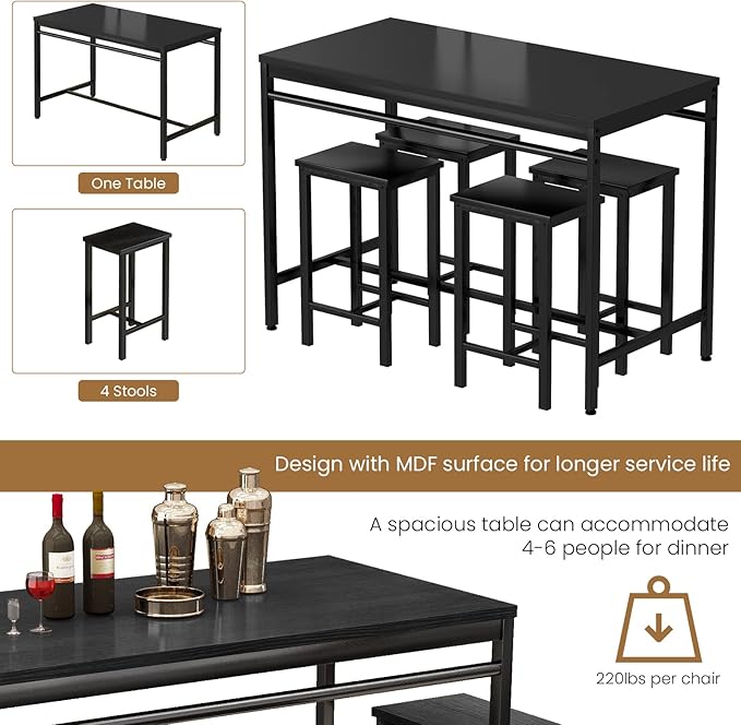 DKLGG Dinner Table Set for 4, Modern Kitchen Table and Chairs for 4 Wooden Top and Adjustable Metal Legs, Small Dining Room Table Set 5 Pieces Compact Design for Small Space - LeafyLoom