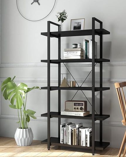 Panana 5 Tier Industrial Rustic Wooden Bookshelves, Vintage Open Wood and Metal Farmhouse Bookshelf Heavy Duty Storage Shelving Unit Rack (Black) - LeafyLoom