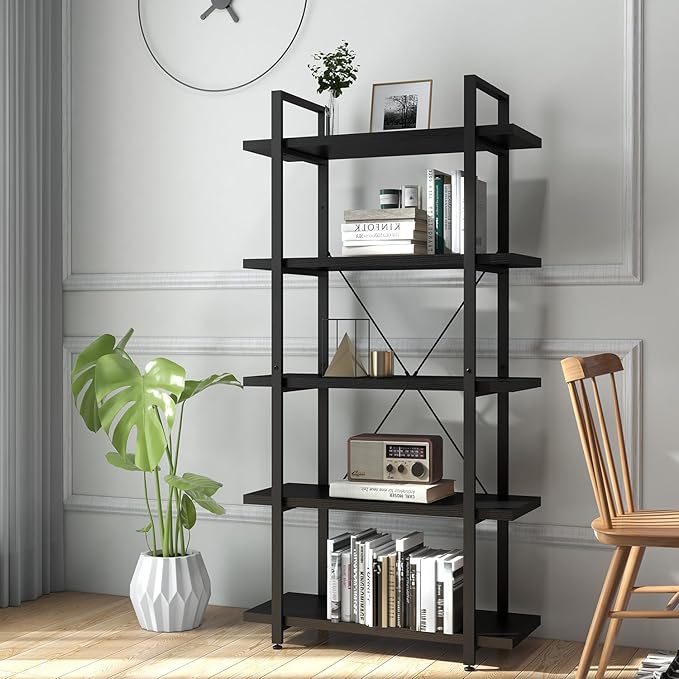 Panana 5 Tier Industrial Rustic Wooden Bookshelves, Vintage Open Wood and Metal Farmhouse Bookshelf Heavy Duty Storage Shelving Unit Rack (Black) - LeafyLoom