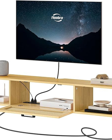 HOOBRO Floating TV Stand for TV up to 75 inches, Wall-Mounted TV Cabinet with 4 Power Outlet, Floating Entertainment Center TV Media Console Shelves with Rattan Flip-Down-Door, Natural NL160UDS01 - LeafyLoom
