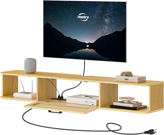 HOOBRO Floating TV Stand for TV up to 75 inches, Wall-Mounted TV Cabinet with 4 Power Outlet, Floating Entertainment Center TV Media Console Shelves with Rattan Flip-Down-Door, Natural NL160UDS01 - LeafyLoom