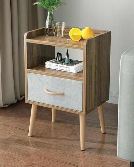 LUCKNOCK NightStand with Fabric Drawer, Bedside Table with Solid Wood Legs, Minimalist and Practical End Side Table with Open Storage Shelf for Bedroom,Walnut. - LeafyLoom