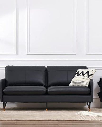 67" Top-Grain Leather Sofa, 2 Seater Loveseat Couch, Mid-Century Modern Leather Couch for Living Room Bedroom Apartment Office, Black - LeafyLoom