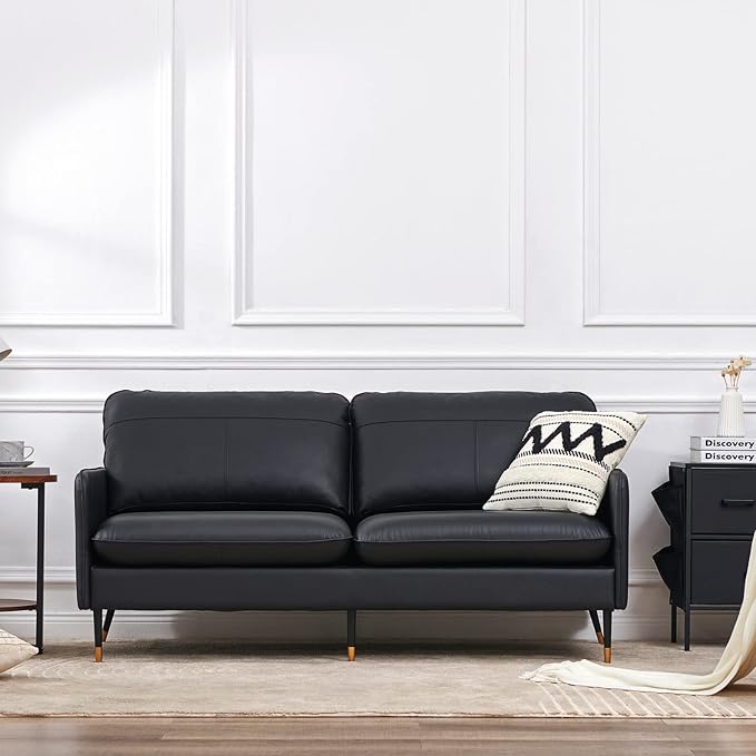 67" Top-Grain Leather Sofa, 2 Seater Loveseat Couch, Mid-Century Modern Leather Couch for Living Room Bedroom Apartment Office, Black - LeafyLoom