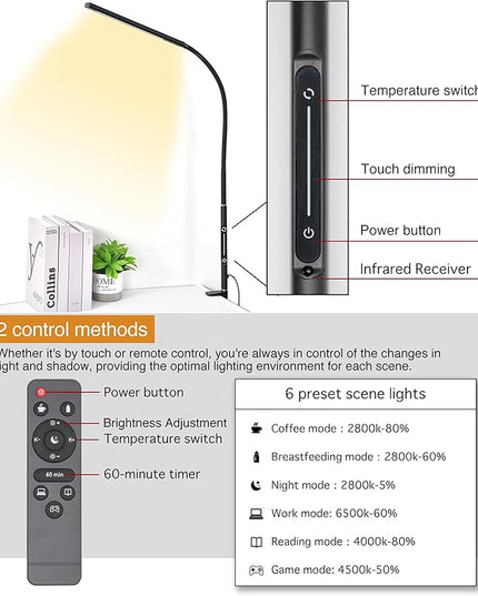 LED Desk Lamp for Office Home, Remote Control Desk Light with Stepless Dimming Adjustable Flexible Gooseneck,Eye-caring Clip on Table Lamp with 4 Color Modes, Workbench Drafting Reading Study bedrooms - LeafyLoom
