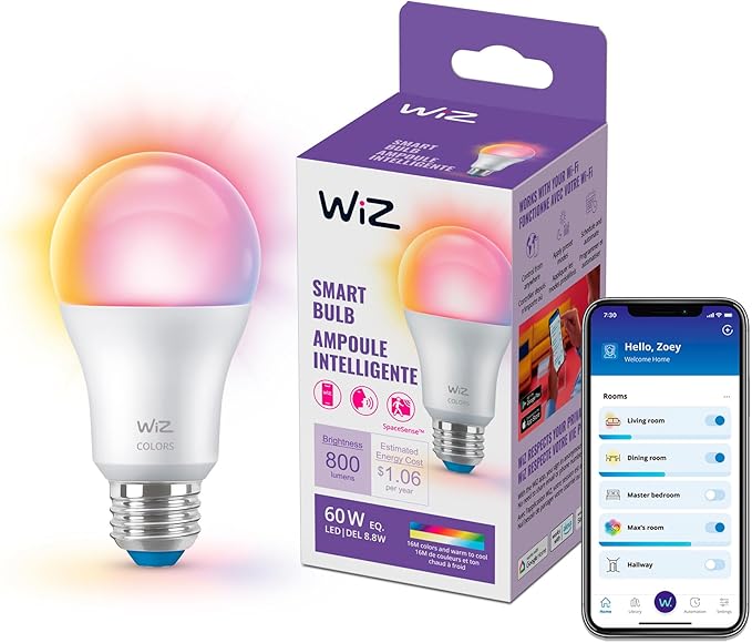 WiZ Connected 60W A19 LED Smart Light Bulbs - Connects to Your Wi-Fi - E26 Smart Bulb - Control with Voice or App + Activate with Motion - Matter Compatible - 1 Pack WiZConnectedLighting