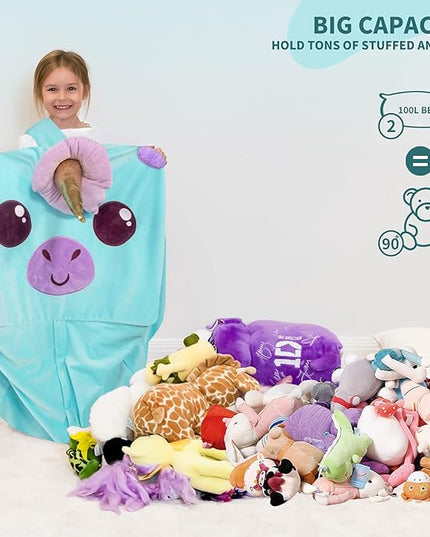 Aubliss Unicorn Stuffed Animal Storage Bean Bag Chair for Kids, Velvet Extra Soft Beanbag Chairs Cover, X-Large Stuffable Zipper Bean Bag for Organizing Plush Toys Girls Bedroom Decor, Cyan - LeafyLoom