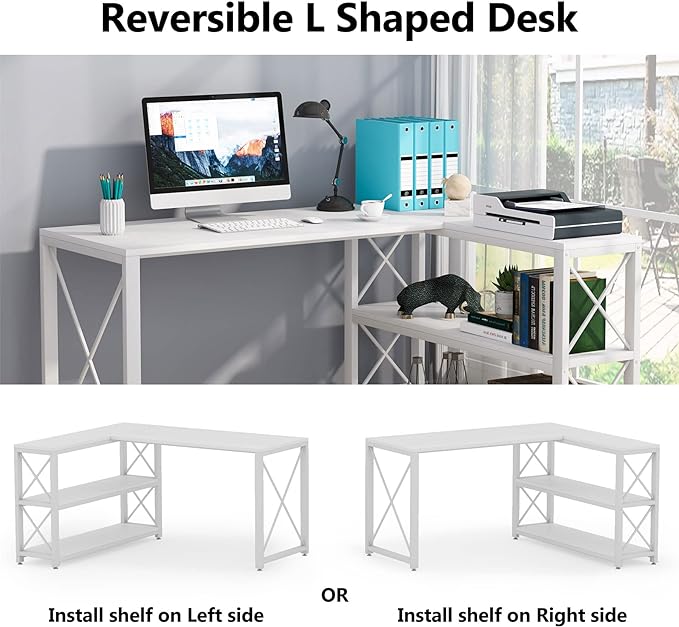 Tribesigns Reversible Industrial L-Shaped Desk with Storage Shelves, Corner Computer Desk PC Laptop Study Table Workstation for Home Office Small Space (White, 53") - LeafyLoom