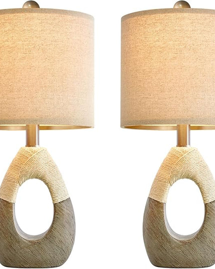 OYEARS Boho Table Lamps Bedroom Living Room Set 2 Sleeping and Reading,Small Farmhouse RattanTable Lamp 19”Rustic Egg Design Resin Light Decoration,Nightstand Bedside Lamps for Office Study Rest - LeafyLoom