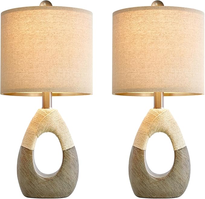 OYEARS Boho Table Lamps Bedroom Living Room Set 2 Sleeping and Reading,Small Farmhouse RattanTable Lamp 19”Rustic Egg Design Resin Light Decoration,Nightstand Bedside Lamps for Office Study Rest - LeafyLoom