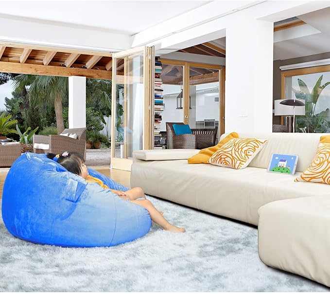 Bean Bag Chair Cover, Stuffed Animal Storage, Plush Toys Organizer Holder, Beanbag Chairs Cover for Kids Teans and Adults Super Soft and Comfortable Fabric X-Large with Handle and Zipper -Round Blue - LeafyLoom