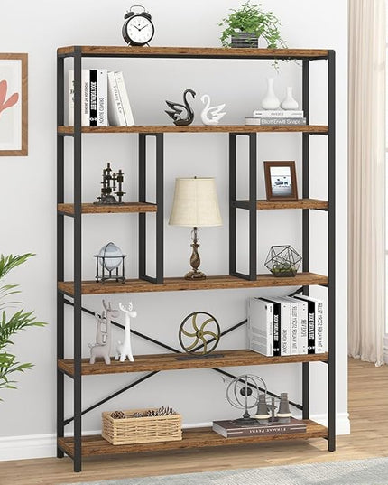 LVB Rustic Bookcases and Book Shelves, Metal Wood 6 Tier Bookshelf and Book Rack Storage, Industrial Vertical Display Etagere Book Case 6 Shelf, Vintage Large Book Shelf for Bedroom Living Room, Brown - LeafyLoom