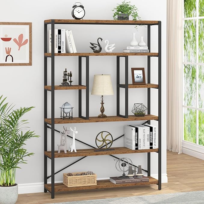 LVB Rustic Bookcases and Book Shelves, Metal Wood 6 Tier Bookshelf and Book Rack Storage, Industrial Vertical Display Etagere Book Case 6 Shelf, Vintage Large Book Shelf for Bedroom Living Room, Brown - LeafyLoom