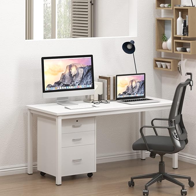 sogesfurniture 55.1 inches Office Desk Computer Desk Gaming Desk Computer Table Sturdy Writing Workstation for Home Office, White - LeafyLoom