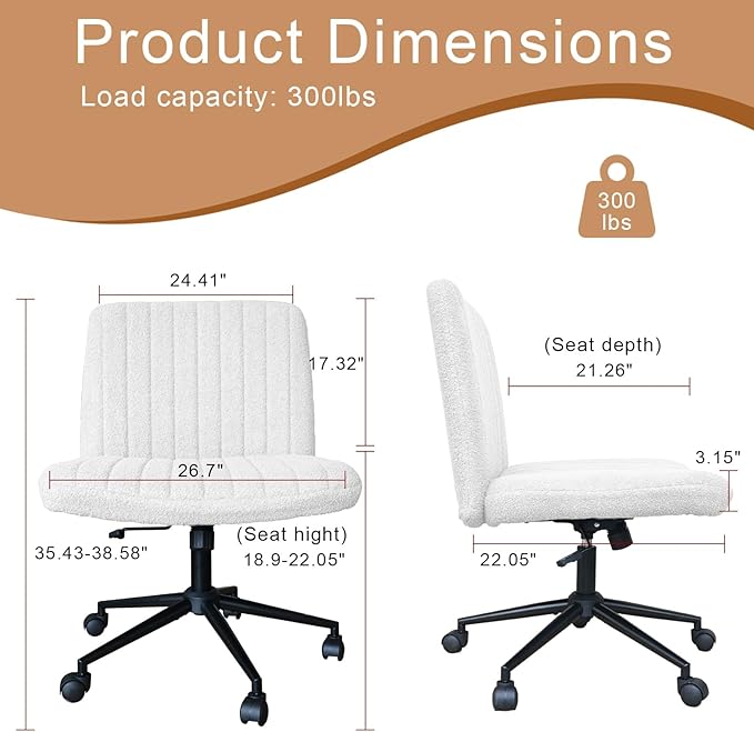 Armless Office Desk Chair with Wheels, Modern Swivel Computer Task Chair Comfortable Adjustable Wide Seat Vanity Chair for Home, Bedroom, Make Up(White) - LeafyLoom