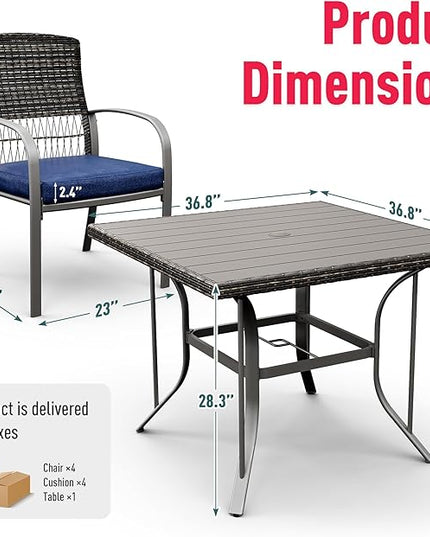 Pamapic Patio Table and Chairs Set, All-Weather Rattan Outdoor Table and Chairs with Removable Waterproof Cushions, Plastic-Wood Patio Dining Set for 4 with Umbrella Hole(Blue) - LeafyLoom