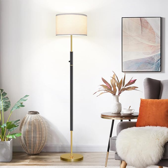 【Upgraded】 Dimmable Floor Lamp for Living Room, 1100 Lumens LED Edison Bulb Included, Simple Standing Lamp with Linen Lamp Shade, Modern Tall Lamp for Living Room Bedroom Office - Black and Gold - LeafyLoom