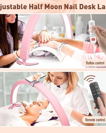 HITTI Half Moon Light for Nail Desk with Phone Holder, Foldable Nail Tech Light, Lash Table Lamp with Wire Controller & Remote, 7 Color Modes 10 Brightness for Extension Tattoo Craft Beauty - Pink - LeafyLoom