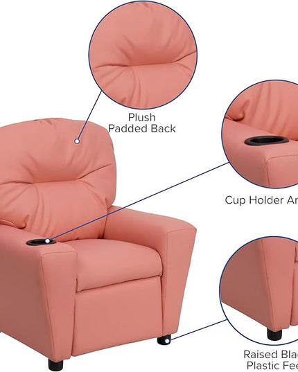 Flash Furniture Chandler Vinyl Kids Recliner with Cup Holder and Safety Recline, Contemporary Reclining Chair for Kids, Supports up to 90 lbs., Pink - LeafyLoom