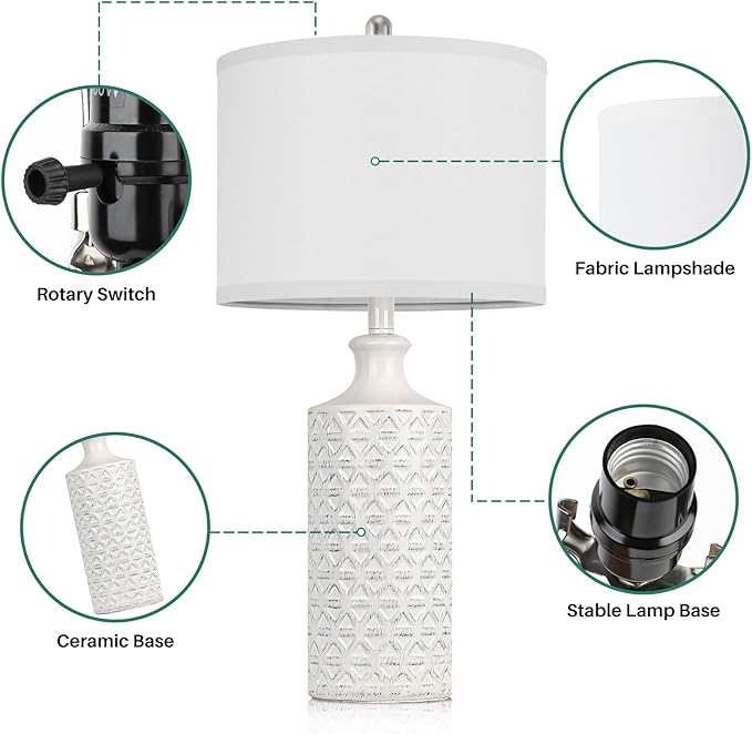 Brightever Ceramic Table Lamps Set of 2, 25'' Farmhouse Modern Nightstand Lamps for Living/Study Room, Bedroom, Office, Large Bedside Lamp with White Fabric Shade, Bulb not Included - LeafyLoom