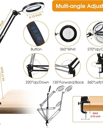 5X Magnifying Glass with Light and Stand, Real Glass Desk Lamp & Clamp, Craft Light Lamp with 3 Color Modes, LED Lighted Magnifier with Light for Hobby Reading Crafts Repair Close Works(Black) - LeafyLoom