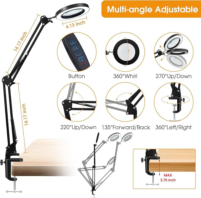 5X Magnifying Glass with Light and Stand, Real Glass Desk Lamp & Clamp, Craft Light Lamp with 3 Color Modes, LED Lighted Magnifier with Light for Hobby Reading Crafts Repair Close Works(Black) - LeafyLoom