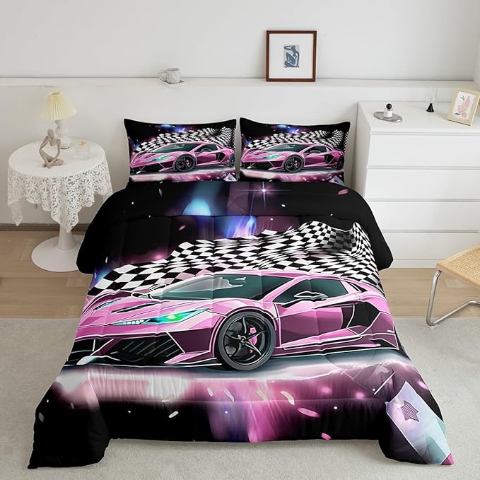 Pink Race Car Bedding Set Twin Size,Racing Flag Black White Lattice Duvet Cover with 1 Pillowcase,Extreme Sport Game Comforter Cover for Kids Youths Boys Girls Room Decor,Modern Quilt Cover - LeafyLoom