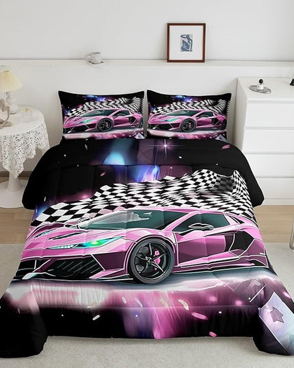 Pink Race Car Bedding Set King Size,Racing Flag Black White Lattice Duvet Cover with 2 Pillowcases,Extreme Sport Game Comforter Cover for Kids Youths Boys Girls Room Decor,Modern Quilt Cover - LeafyLoom