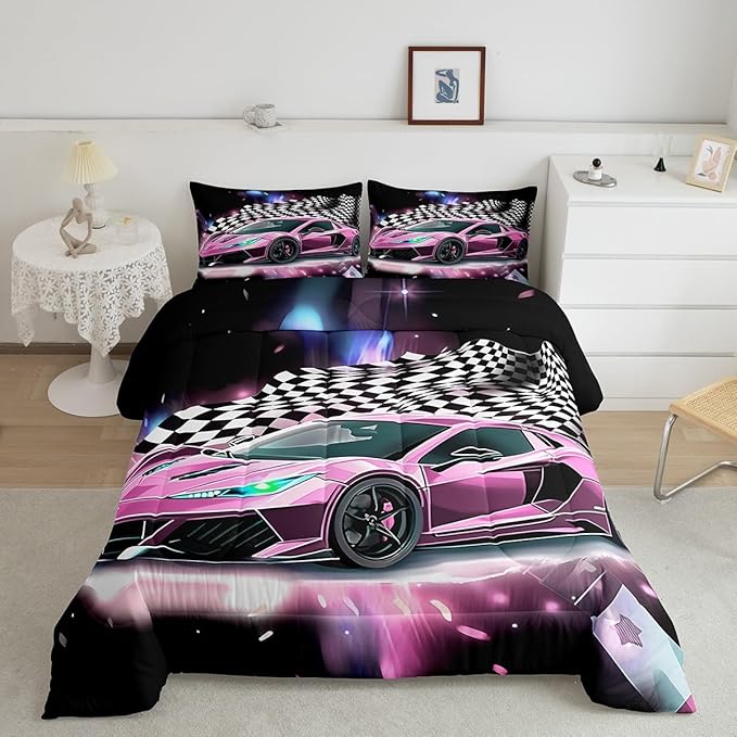 Pink Race Car Bedding Set King Size,Racing Flag Black White Lattice Duvet Cover with 2 Pillowcases,Extreme Sport Game Comforter Cover for Kids Youths Boys Girls Room Decor,Modern Quilt Cover - LeafyLoom
